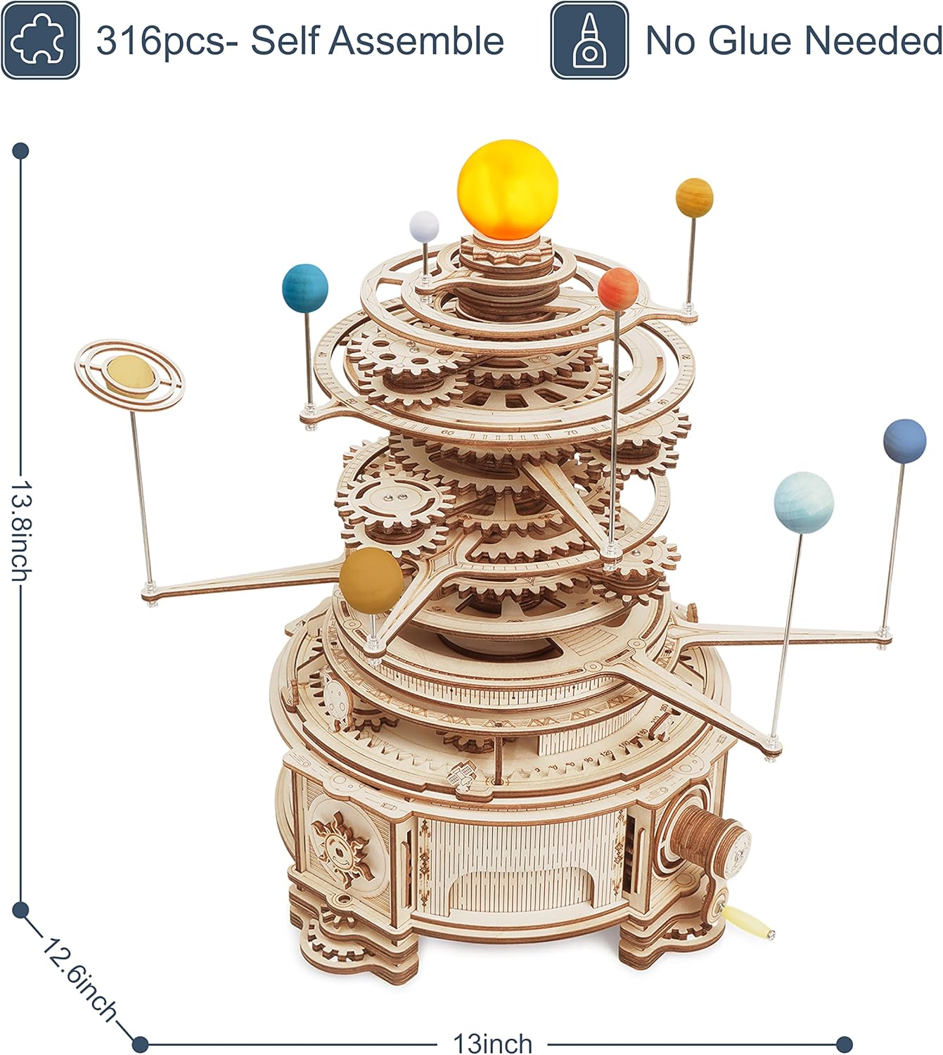 Système solaire mécanique 3D - orbites planétaires (bois)