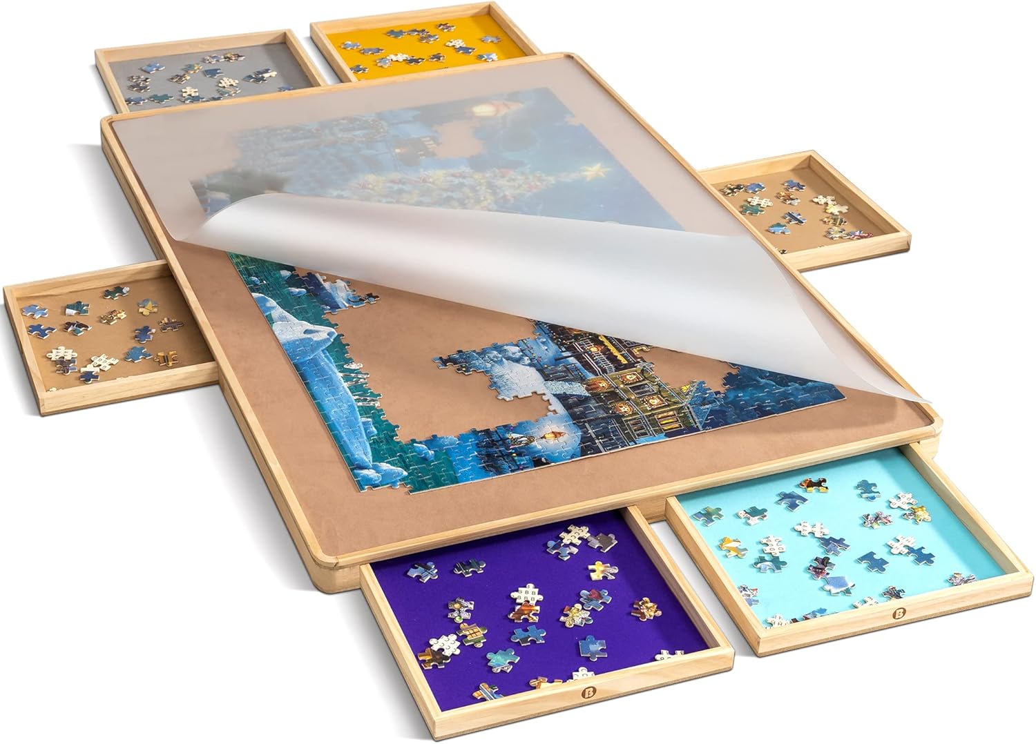 1500pcs Wooden Puzzle Board with Cover & 6 Push Open/Close Drawers (35.43 × 24.41 in)