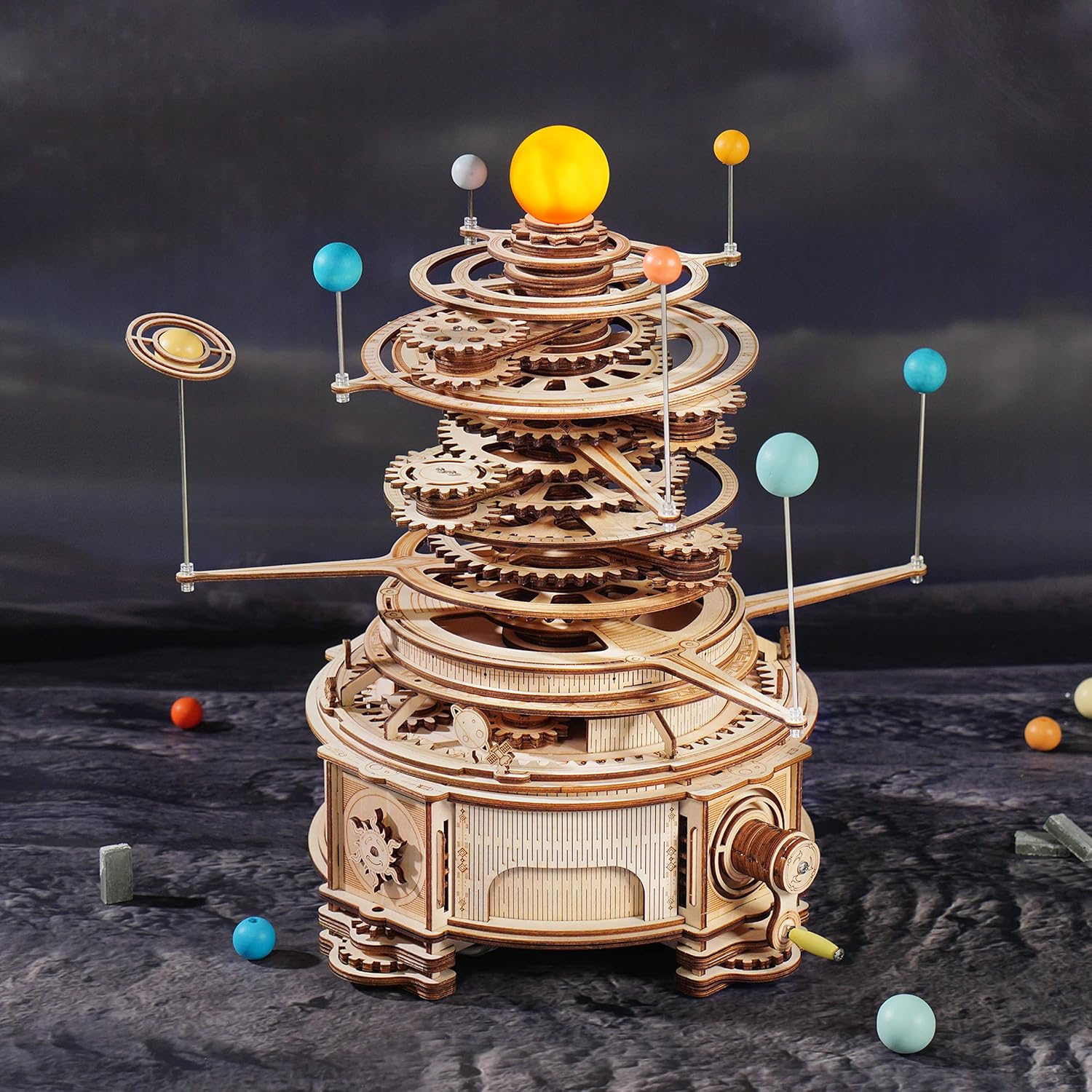 Système solaire mécanique 3D - orbites planétaires (bois)