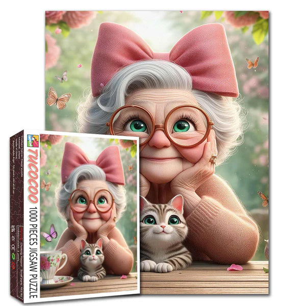 Playful Seniors - Grandma with Pink Bow and Kitten (1000pcs)