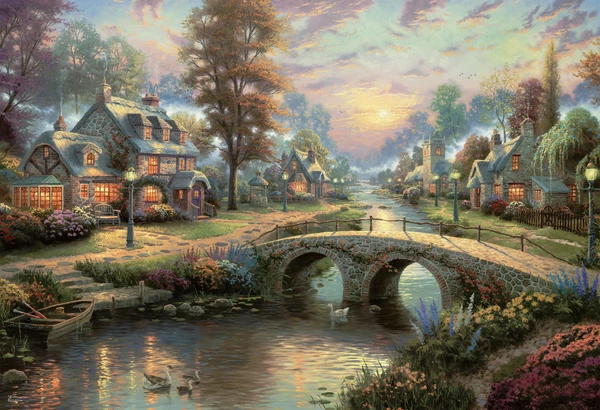 PFG Sunset sur Lamplight Lane, Thomas Kinkade (2000pcs) (utilisation / utilisée - puzzles pour de bon)