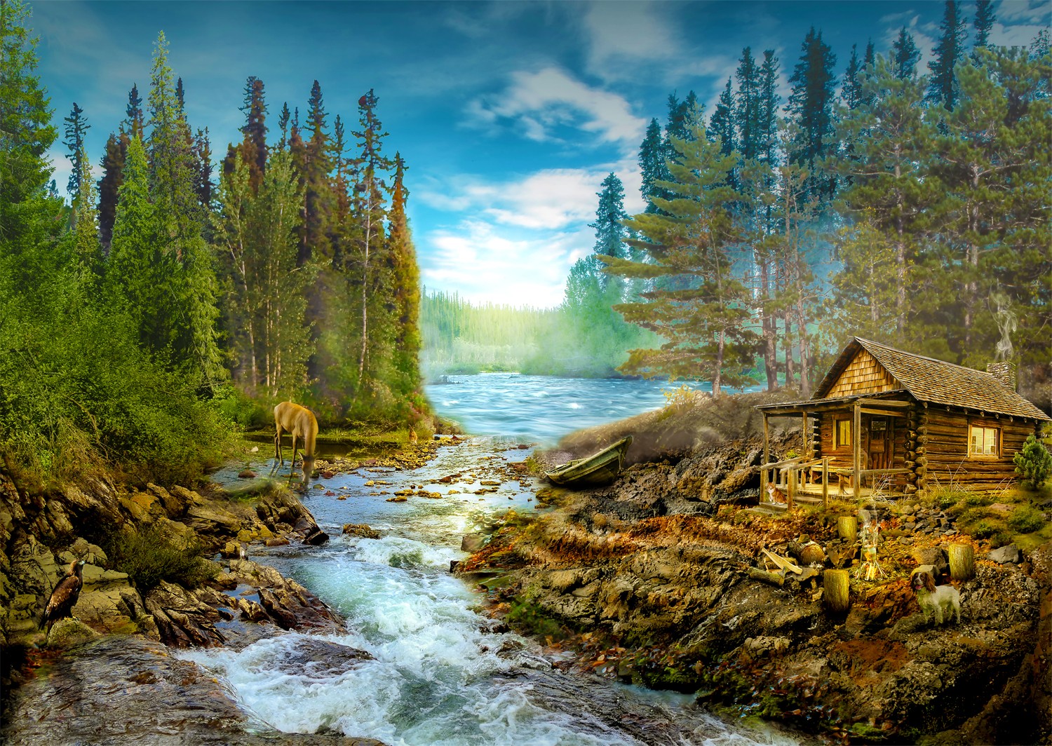 Une cabane en rondins par les rapides (1000pcs)