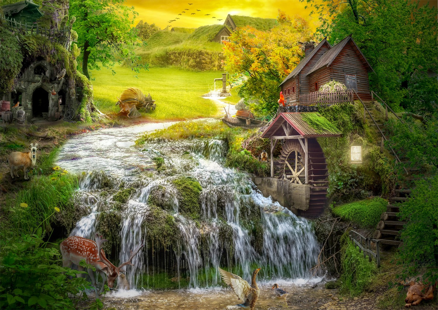 Une cabane en rondins au bord du ruisseau (1000pcs)